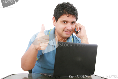 Image of smart guy with a laptop isolated on white 