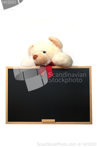 Image of teddy with empty blackboard