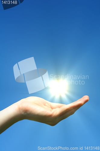 Image of hand sun and blue sky