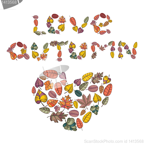 Image of heart made from autumn leaves