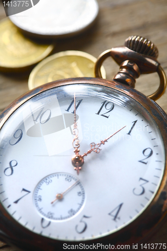 Image of vintage pocket watch on wooden background