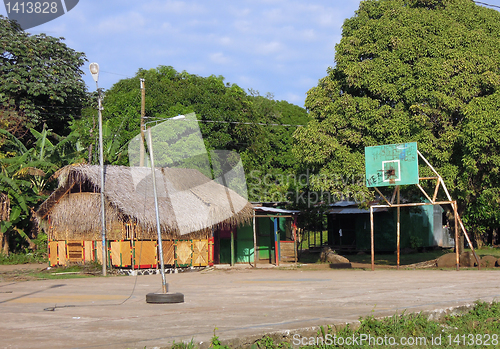 Image of thatch roof restaurant bar basketball court Corn Island Nicaragu