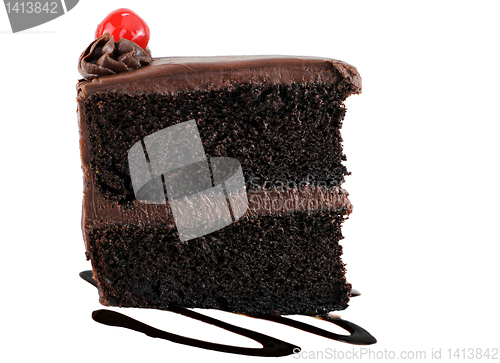 Image of Chocolate cake with chocolate icing and a cherry.