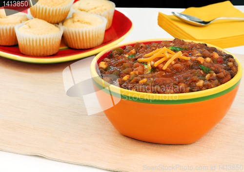 Image of Large, colorful bowl of vegetarian chili