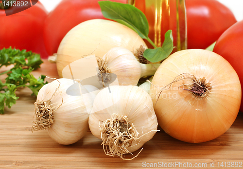 Image of Garden fresh garlic, onions, tomatoes and parsley