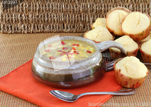 Image of Delicious corn chowder and corn muffins.