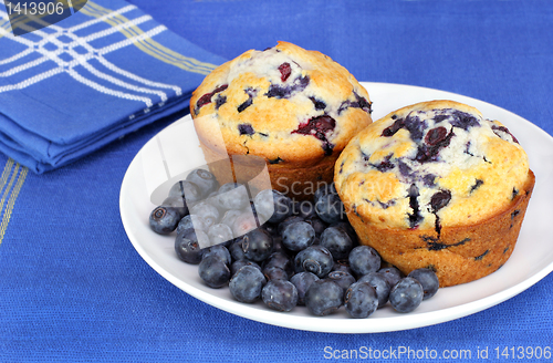Image of Delicious baked blueberry muffins with fresh blueberries.