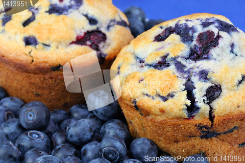 Image of Extreme close up of fresh baked blueberry muffins and blueberrie