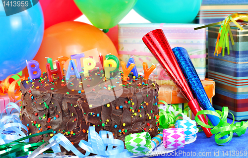 Image of Happy Birthday Cake,balloons, gifts.