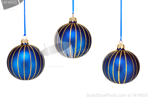 Image of Three Blue and Gold Christmas Ornaments on White