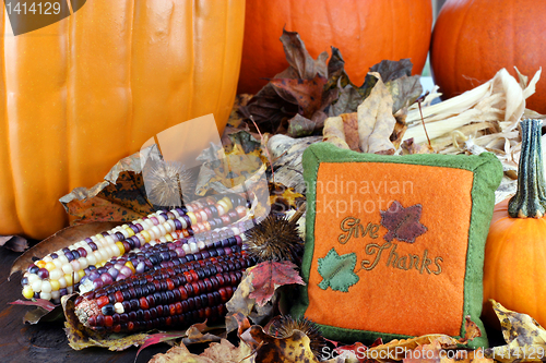 Image of Pumpkins, leaves and Indian corn with a Give Thanks pillow.