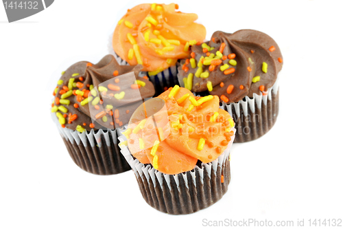 Image of Autumn decorated chocolate cupcakes on white with copy space.