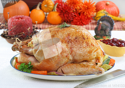 Image of Whole roasted turkey in Thanksgiving setting.
