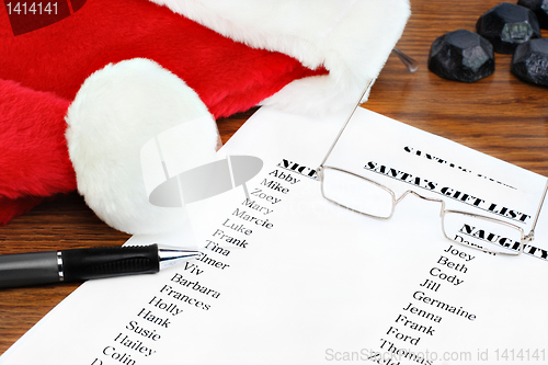 Image of Santa's Naughty and Nice gift list with glasses and hat.