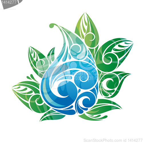 Image of water drop with green leaves
