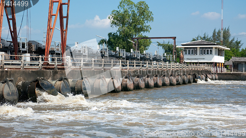Image of Flood wall and pump outlets in Thailand