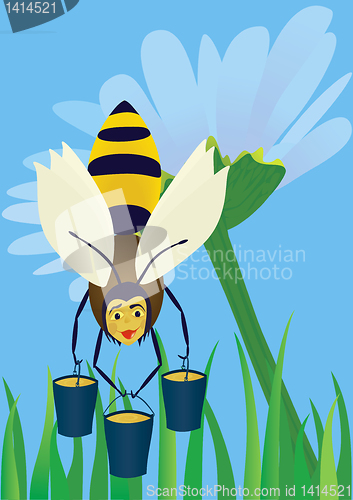 Image of Abstract bee against the blue sky with a flower.