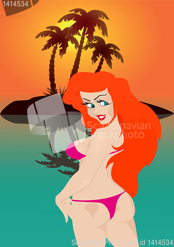 Image of Sexual woman smiles against tropical island.