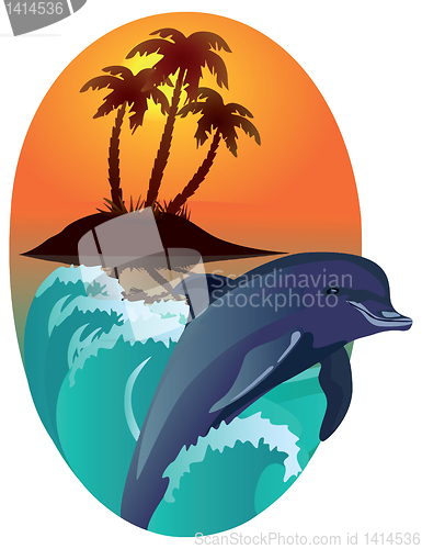 Image of Dolphin against tropical island.