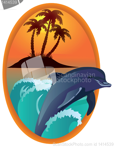 Image of Dolphin against tropical island in a wooden frame.