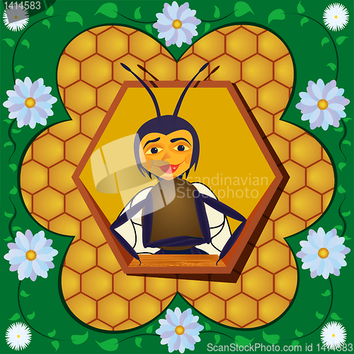 Image of Abstract bee against honeycombs in a flower frame.