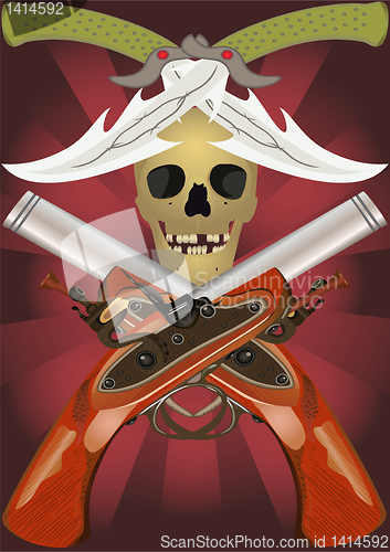 Image of Skull with the crossed pistols and knifes.