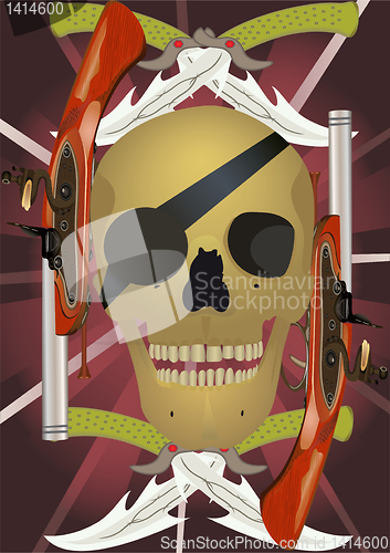 Image of Skull with the crossed knifes and pistols.