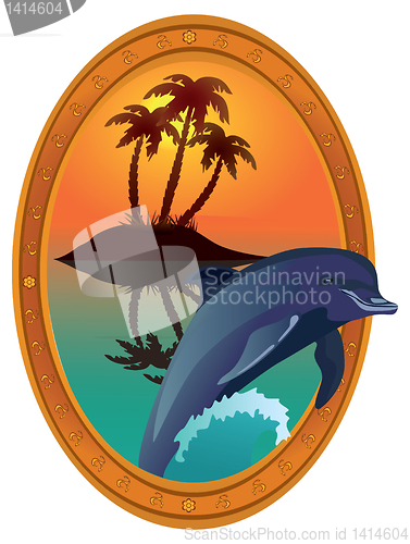 Image of Dolphin against tropical island in a wooden frame.