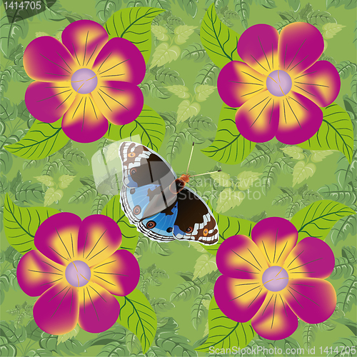 Image of Flower and butterfly seamless pattern.