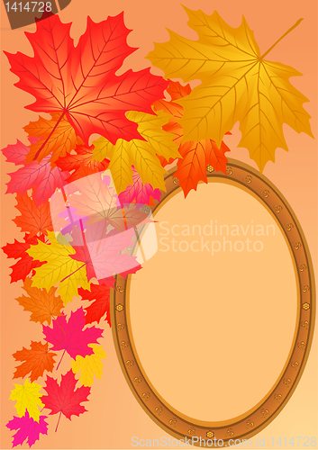 Image of Autumn maple leaves and wooden framework, raster illustration.