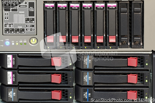 Image of servers stack with hard drives in a datacenter