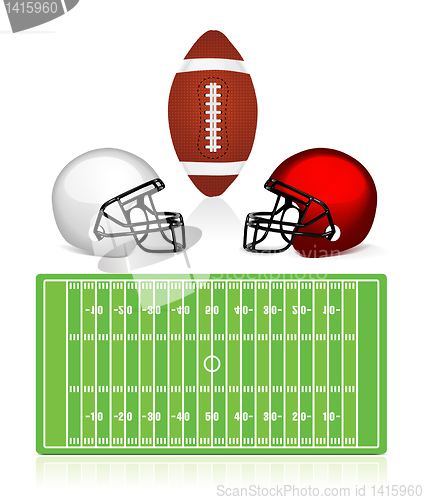 Image of american football field, ball and helmet