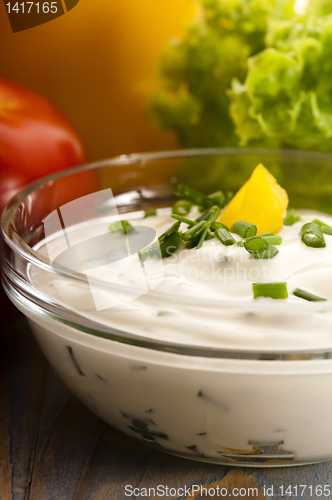 Image of Delicious cream cheese with chives and vegetables