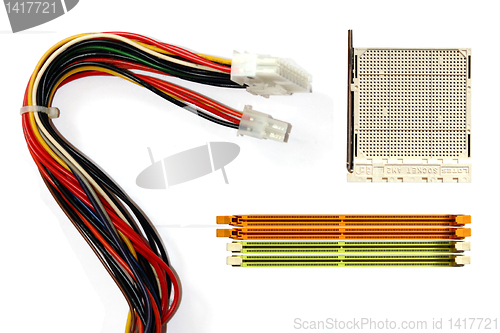 Image of CPU socket slot DDR memory and old computer cables