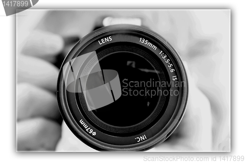 Image of photographing lens in the hands of the photographer