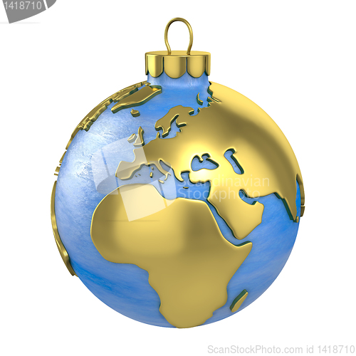 Image of Christmas ball shaped as globe or planet, Europe part