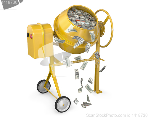 Image of Concrete mixer full of dollars with falling banknotes