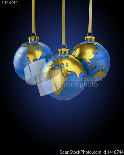 Image of Three christmas balls shaped as globe or planet