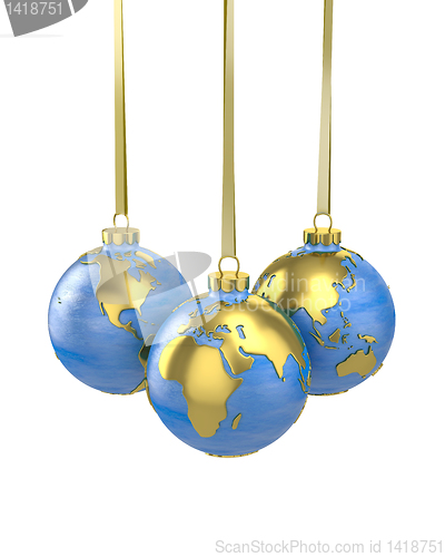 Image of Three christmas balls shaped as globe or planet