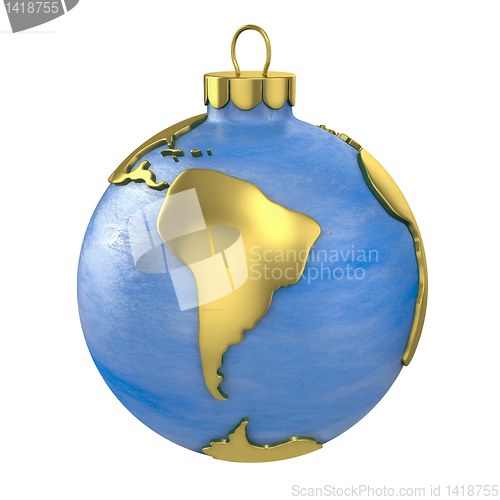 Image of Christmas ball shaped as globe or planet, South America part
