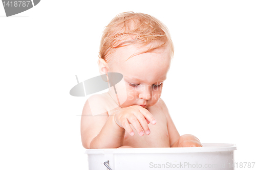 Image of Happy small boy having bath