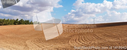 Image of Panorama of yellow plowed field on cloudy day