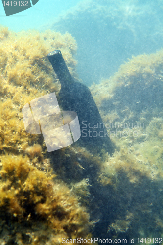 Image of A bottle of wine under the water.