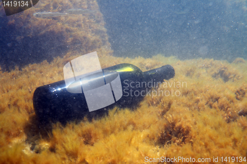 Image of A bottle of wine under the water.