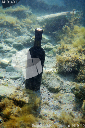 Image of A bottle of wine under the water.