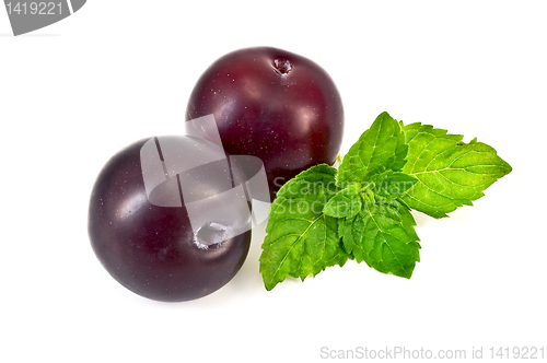 Image of Plums with a sprig of mint