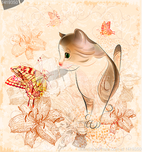 Image of birthday card with little  kitten, flowers and butterflies