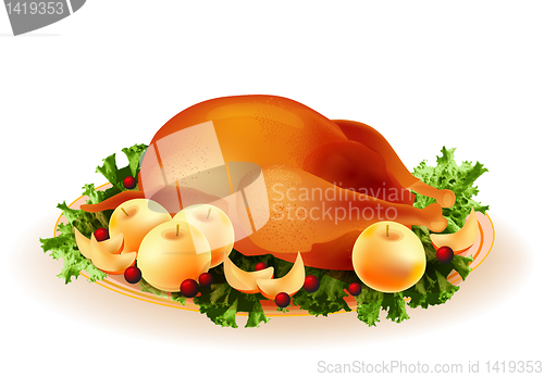 Image of traditional roasted chicken with apples and cowberry