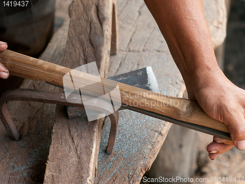 Image of Blacksmith sharpening an ax