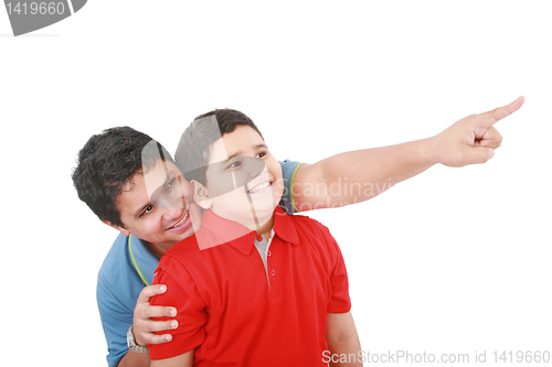 Image of Portrait of a happy young father showing something intersting to